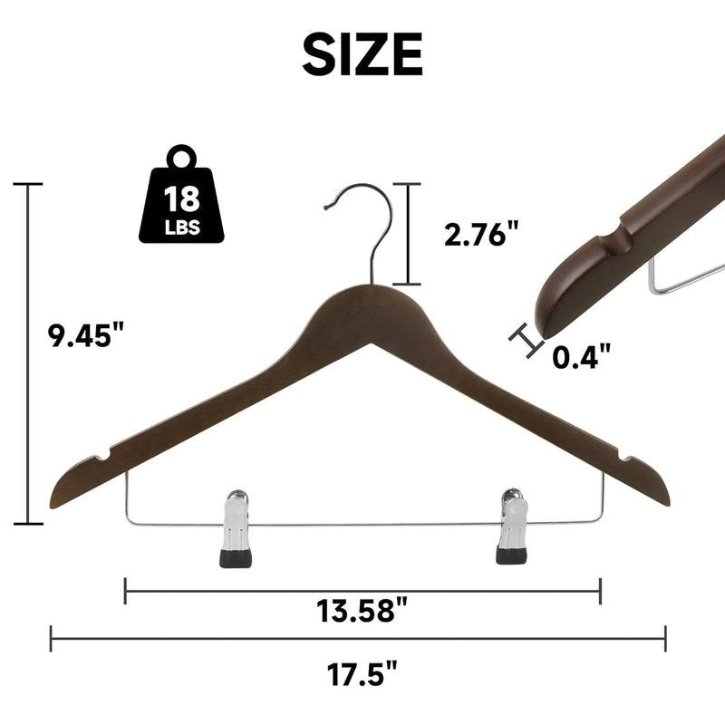 12-Pack Wooden Hangers with Adjustable Metal Clips
