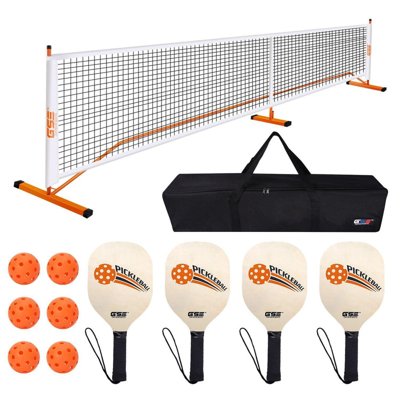 Pickleball Complete Net Set with Pickleball Net, 4 Pickleball Paddles, 6 Pickleballs, Carrying Bag - Orange/Green