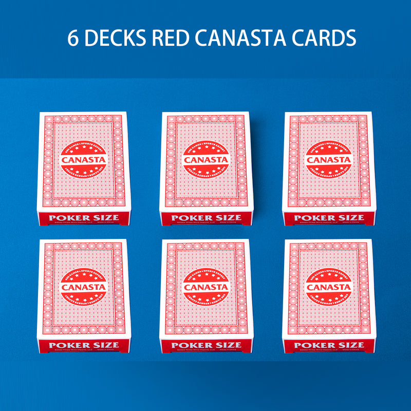 6-Deck Canasta Cards with Point Values, Included Canasta and Hand & Foot Game Rules - Blue/Red