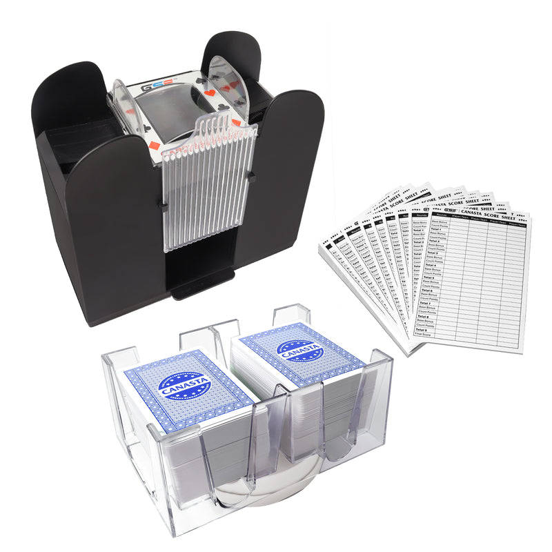 automatic card shuffler casino grade GSE Games & Sports Expert 6-Deck Blue Canasta Cards with Automatic Card Shuffler, a Revolving Card Holder, 100 Sheets Score Pads