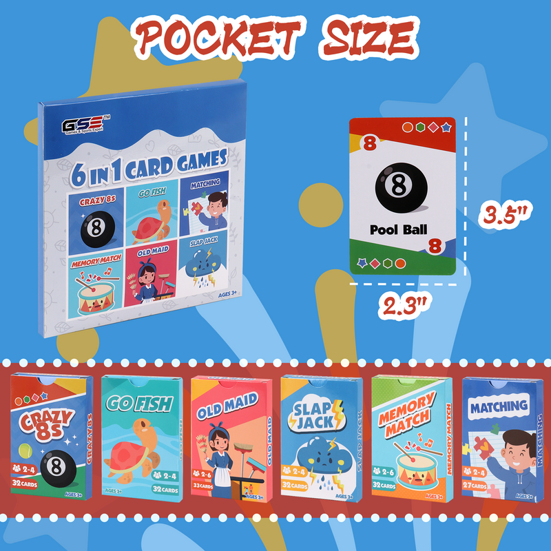 6 in 1 Playing Cards Games, Go Fish, Old Maid, Crazy 8's, Memory Match, Slap Jack, Matching for kids