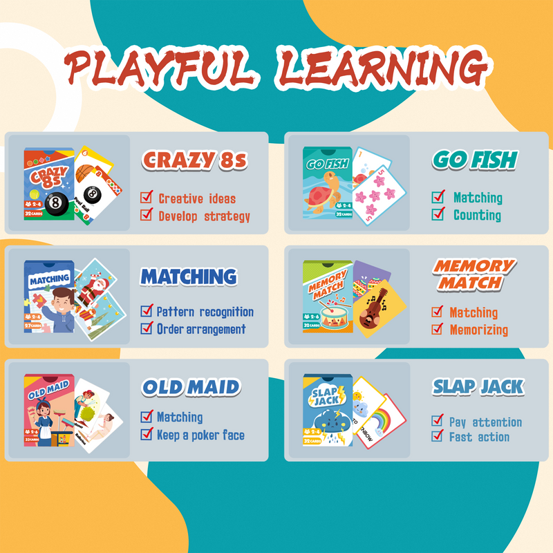 6 in 1 Playing Cards Games, Go Fish, Old Maid, Crazy 8's, Memory Match, Slap Jack, Matching for kids