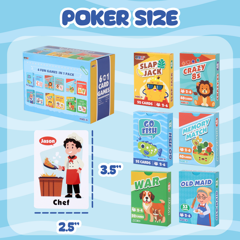 6 in 1 Playing Cards Games, Go Fish, Old Maid, Crazy 8's, Memory Match, Slap Jack, War for kids