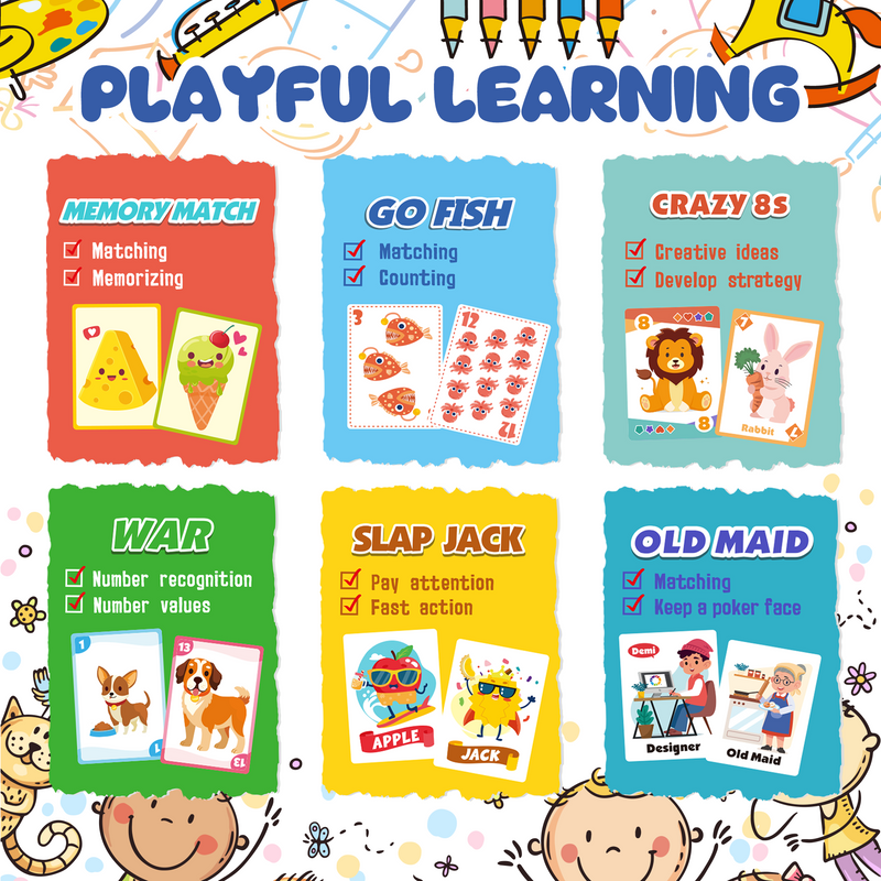 6 in 1 Playing Cards Games, Go Fish, Old Maid, Crazy 8's, Memory Match, Slap Jack, War for kids