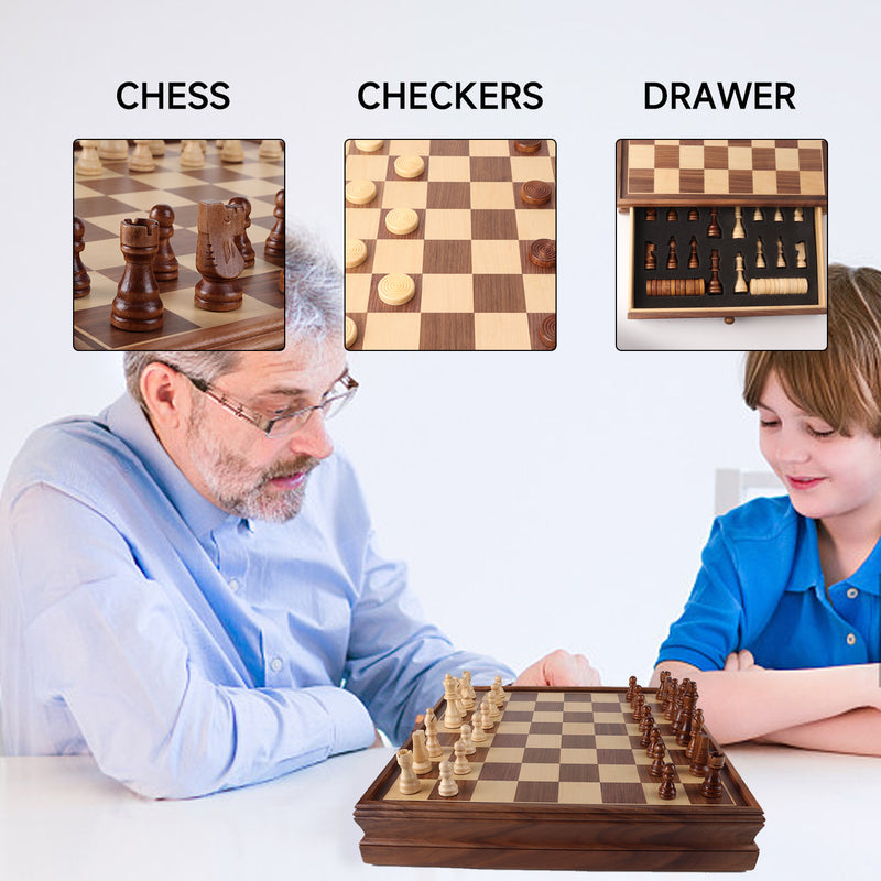 15" 2-in-1 Large Wooden Chess and Checkers Board Game Combo Set