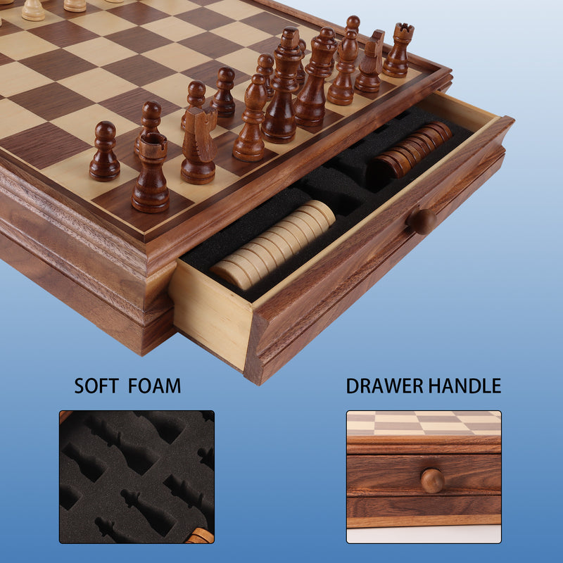 15" 2-in-1 Large Wooden Chess and Checkers Board Game Combo Set