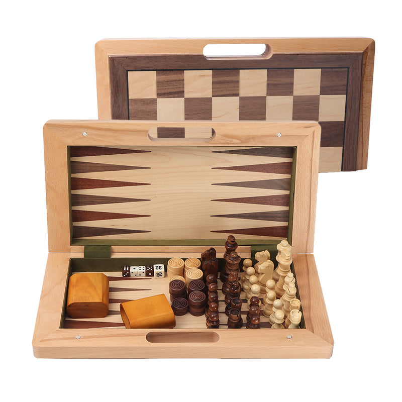 3-in-1 Travel Portable Wooden Folding Chess, Checkers and Backgammon Board Game Combo Set