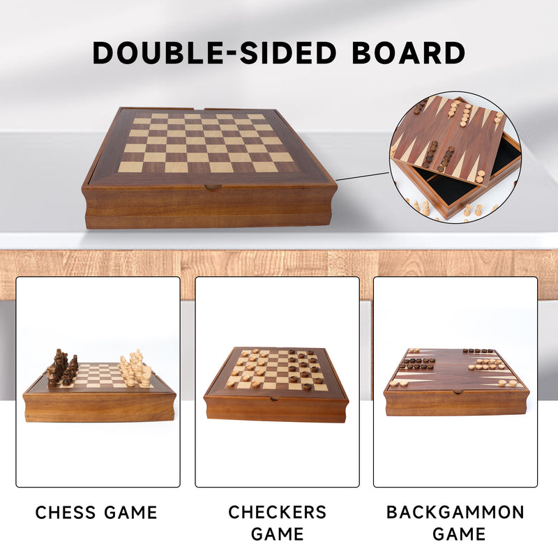 7-in-1 Wooden Chess, Checkers, Backgammon, Dominoes, Cribbage Board, Playing Card & Poker Dice Game Tabletop Board Game Combo Set (Old Fashioned)