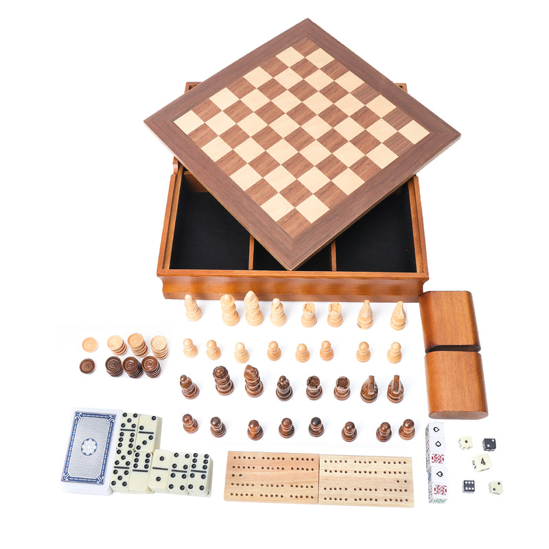 7-in-1 Wooden Chess, Checkers, Backgammon, Dominoes, Cribbage Board, Playing Card & Poker Dice Game Board Game Combo Set (Old Fashioned)