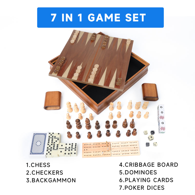 7-in-1 Wooden Chess, Checkers, Backgammon, Dominoes, Cribbage Board, Playing Card & Poker Dice Game Board Game Combo Set (Old Fashioned)