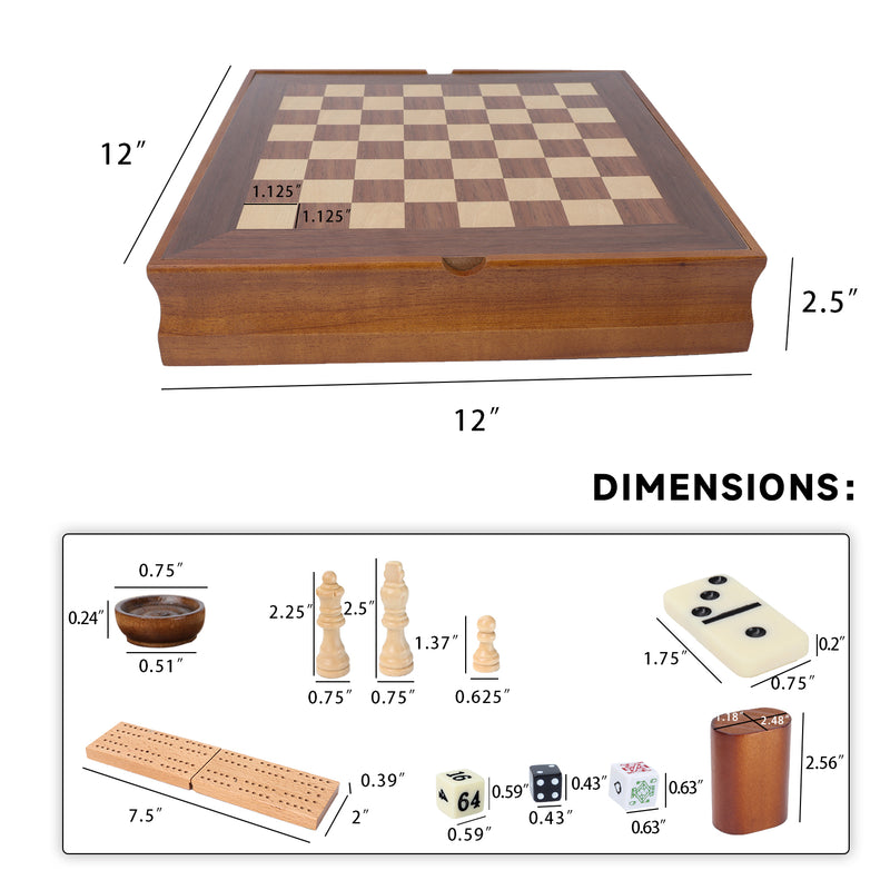 7-in-1 Wooden Chess, Checkers, Backgammon, Dominoes, Cribbage Board, Playing Card & Poker Dice Game Board Game Combo Set (Old Fashioned)