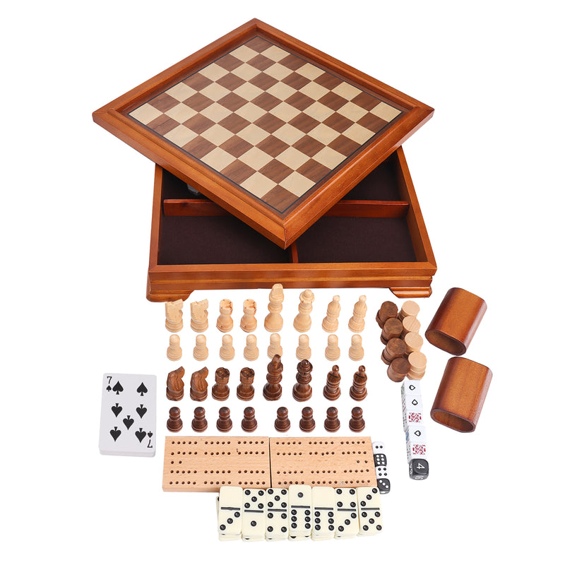 7-in-1 Wooden Chess, Checkers, Backgammon, Dominoes, Cribbage Board, Playing Card & Poker Dice Game Board Game Combo Set (Deluxe)