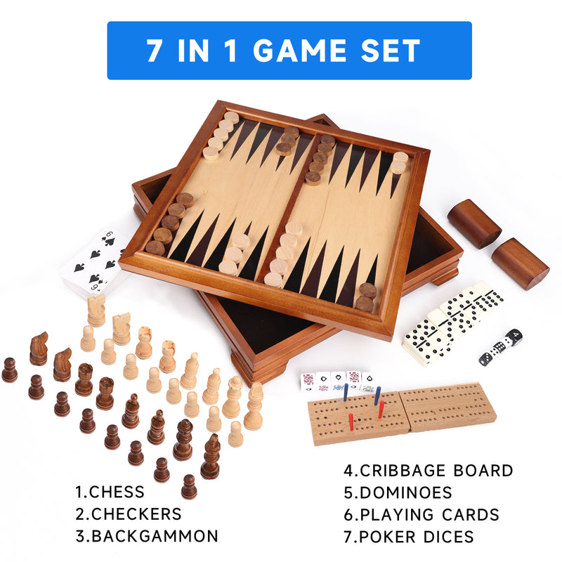 7-in-1 Wooden Chess, Checkers, Backgammon, Dominoes, Cribbage Board, Playing Card & Poker Dice Game Board Game Combo Set (Deluxe)