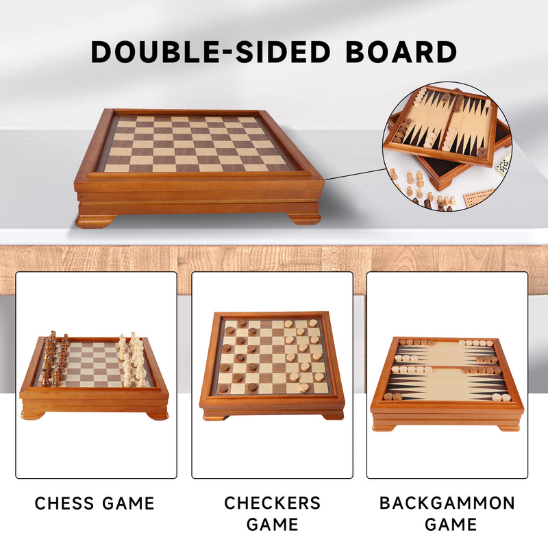 7-in-1 Wooden Chess, Checkers, Backgammon, Dominoes, Cribbage Board, Playing Card & Poker Dice Game Board Game Combo Set (Deluxe)