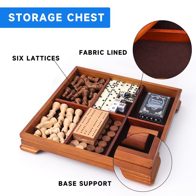 7-in-1 Wooden Chess, Checkers, Backgammon, Dominoes, Cribbage Board, Playing Card & Poker Dice Game Board Game Combo Set (Deluxe)