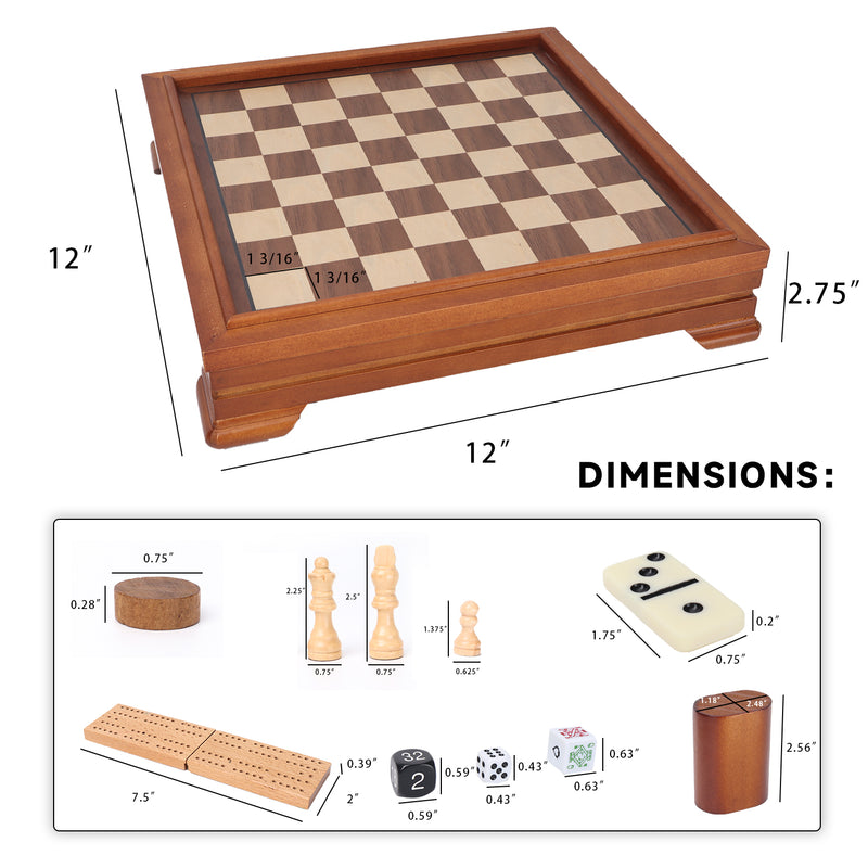 7-in-1 Wooden Chess, Checkers, Backgammon, Dominoes, Cribbage Board, Playing Card & Poker Dice Game Tabletop Board Game Combo Set (Deluxe)
