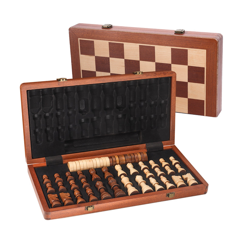 2-in-1 Folding Wooden Chess, Checkers Board Game Combo Set