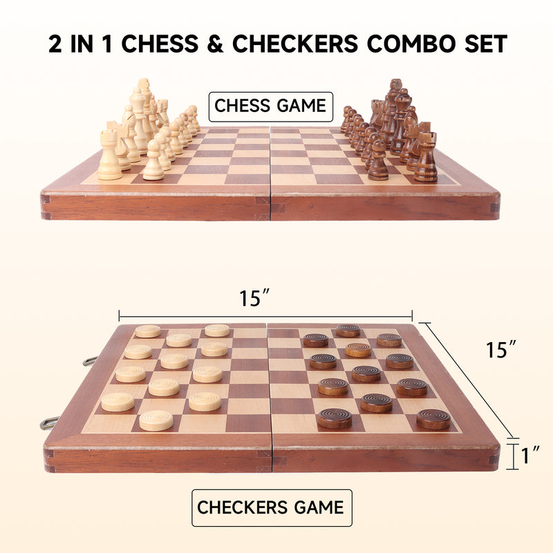 2-in-1 Folding Wooden Chess, Checkers Board Game Combo Set