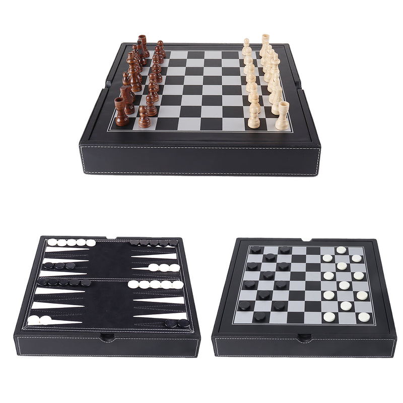 3-in-1 Leather Chess, Checkers and Backgammon Board Game Combo Set