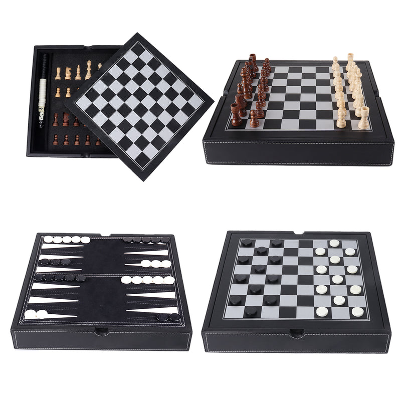 3-in-1 Leather Chess, Checkers and Backgammon Board Game Combo Set