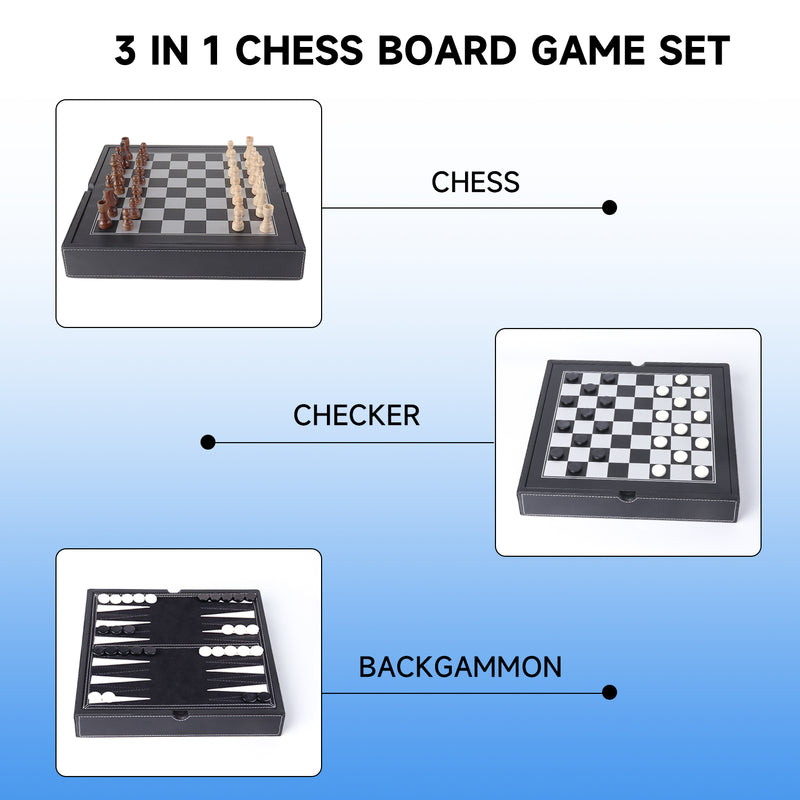 3-in-1 Leather Chess, Checkers and Backgammon Board Game Combo Set