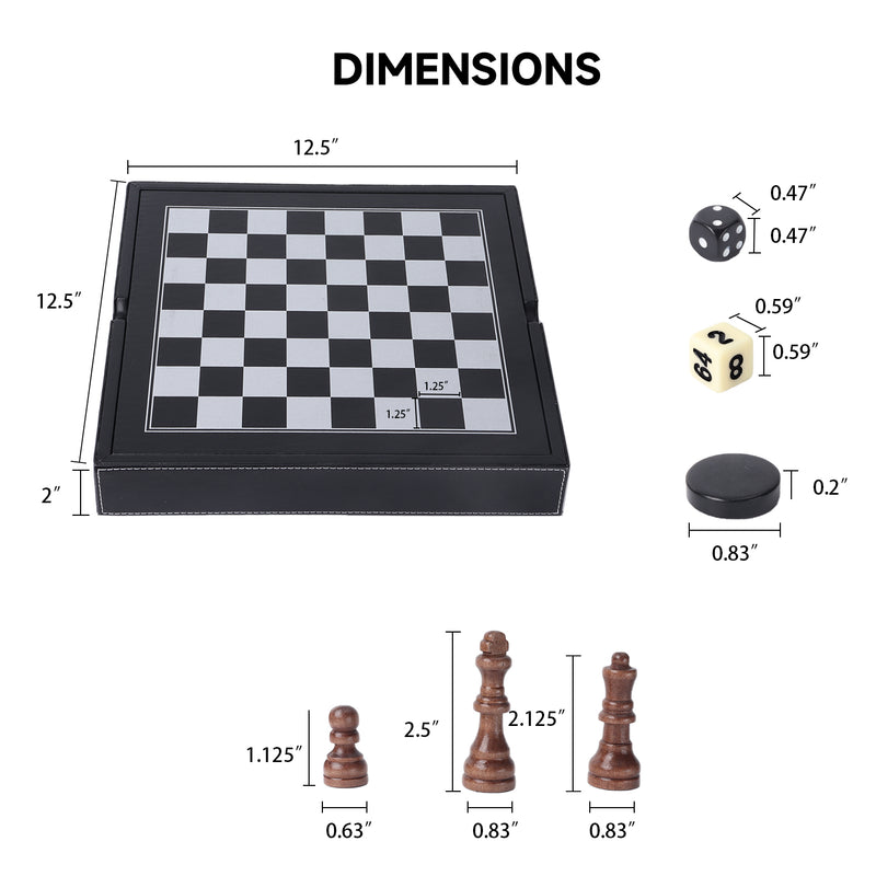 3-in-1 Leather Chess, Checkers and Backgammon Board Game Combo Set