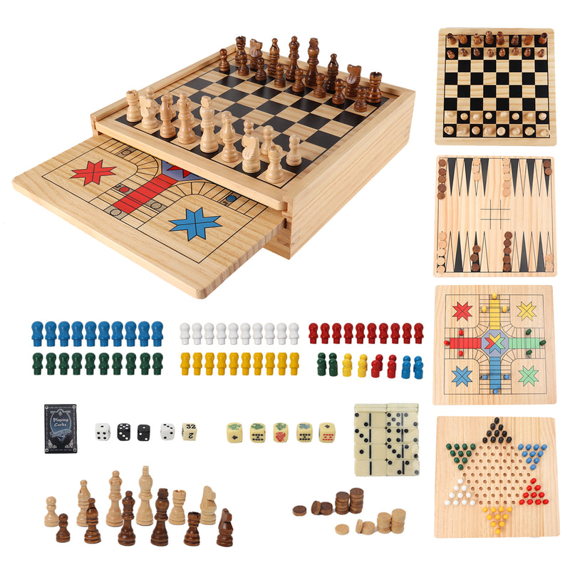 9-in-1 Wooden Chess, Checkers, Backgammon, Chinese Checkers, Dominoes, Tic-Tac-Toe, Ludo, Playing Card & Poker Dice Game Combo Set