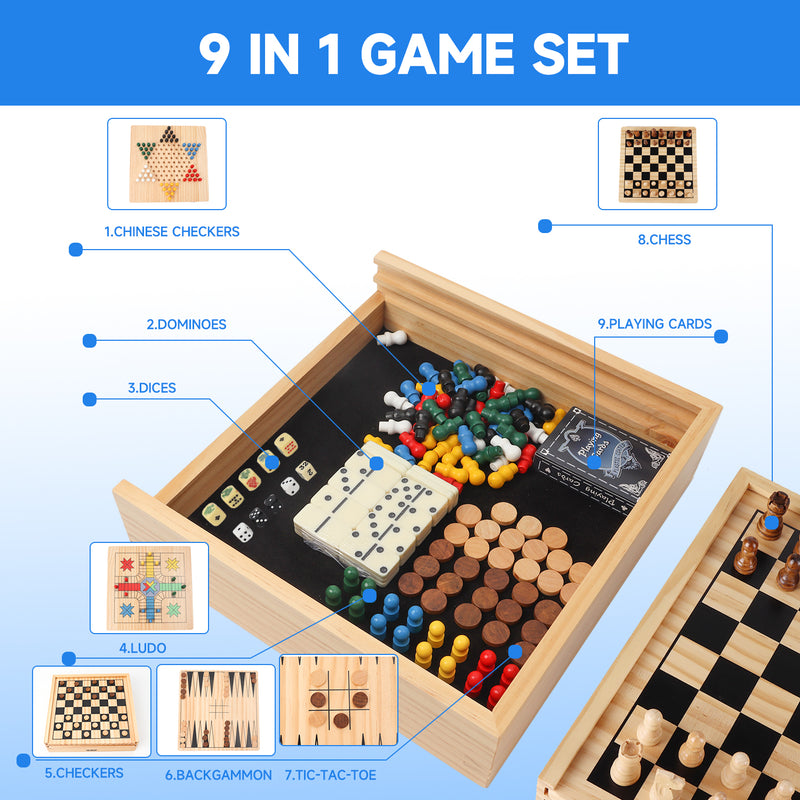 9-in-1 Wooden Chess, Checkers, Backgammon, Chinese Checkers, Dominoes, Tic-Tac-Toe, Ludo, Playing Card & Poker Dice Game Combo Set