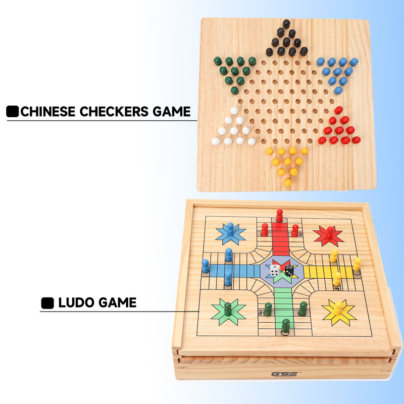 9-in-1 Wooden Chess, Checkers, Backgammon, Chinese Checkers, Dominoes, Tic-Tac-Toe, Ludo, Playing Card & Poker Dice Game Combo Set