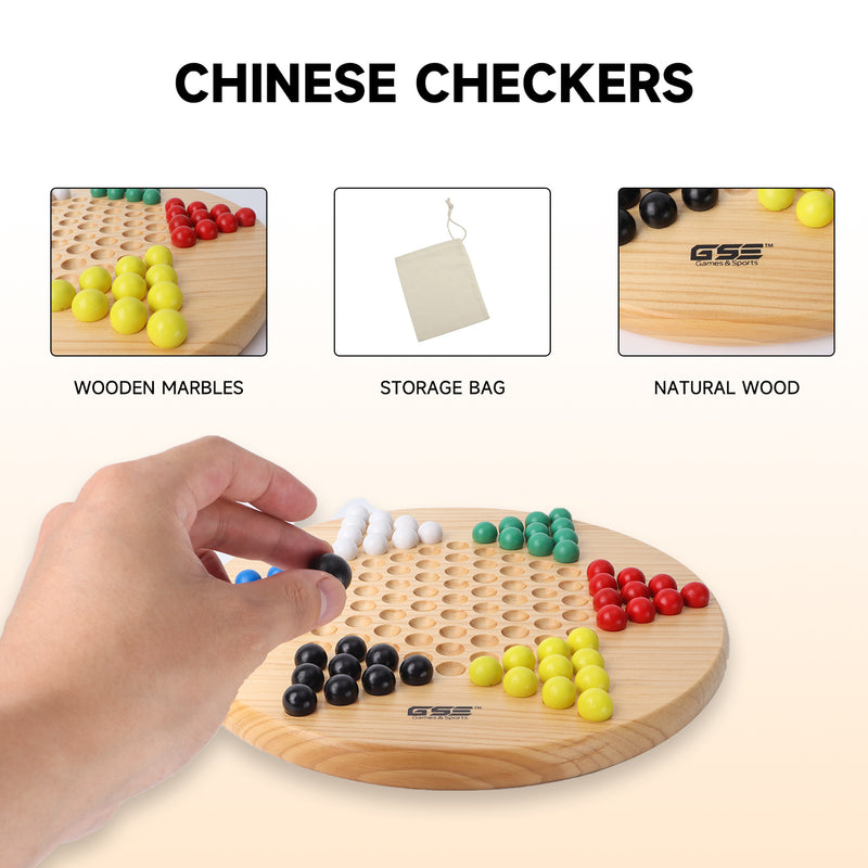 11.5" Wooden Classic Chinese Checker Board Game with 66 Colorful Wood Marbles for Family Party