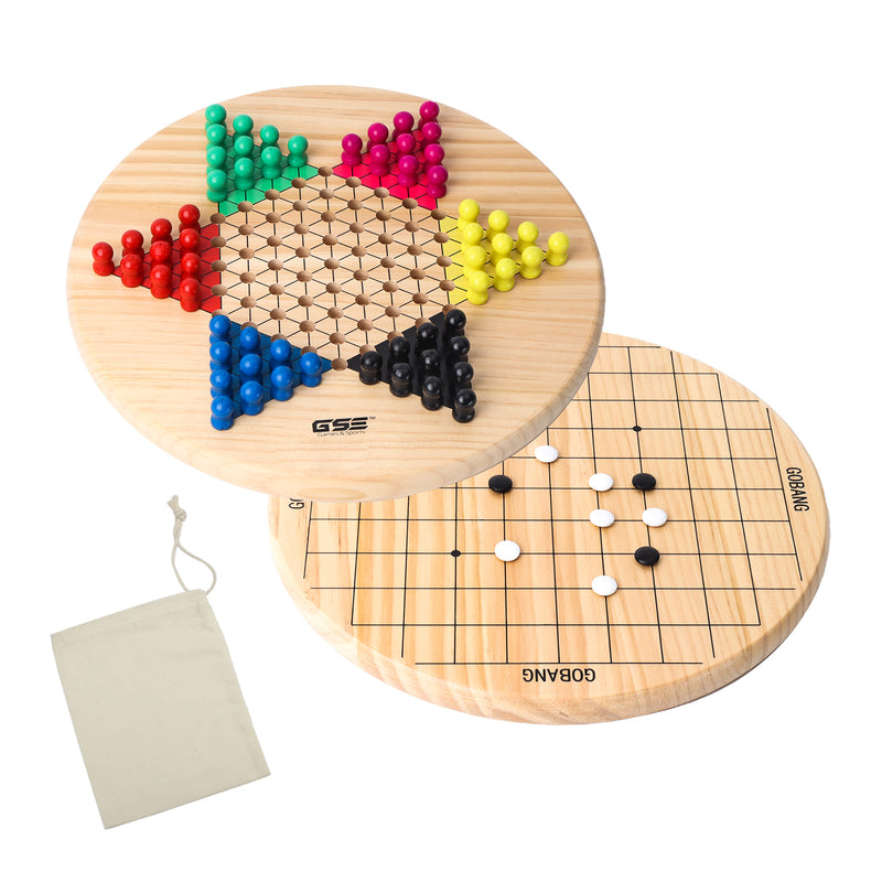 2-in-1 Double-Sided Design Wooden Chinese Checker and Gobang Five-in-a-row Family Board Game Combo Set (Deluxe)