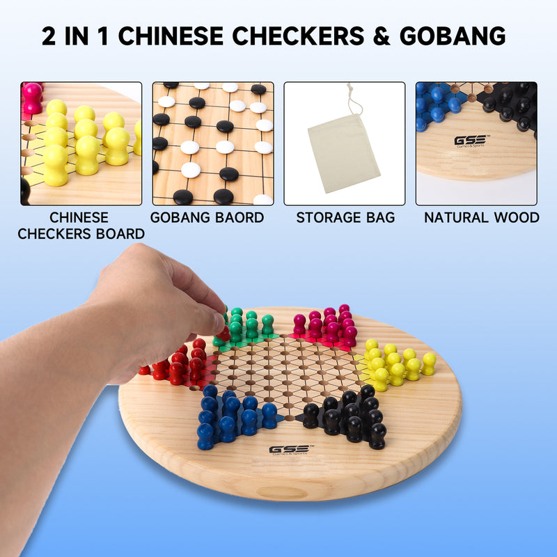 11.5" 2-in-1 Double-Sided Wooden Chinese Checker and Gobang Game with 66 Wood Pegs and Stones