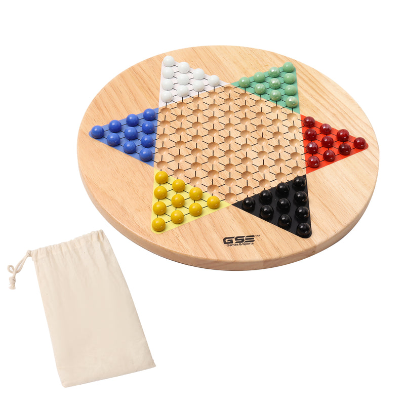 15" Jumbo Wooden Chinese Checker Board Game with 66 Glass Marbles for Family and Friends - Oak
