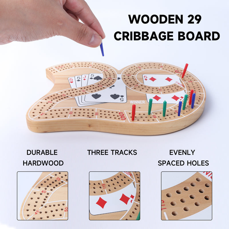 3-Track Classic Wooden 29 Cribbage Board Game with Plastic Pegs