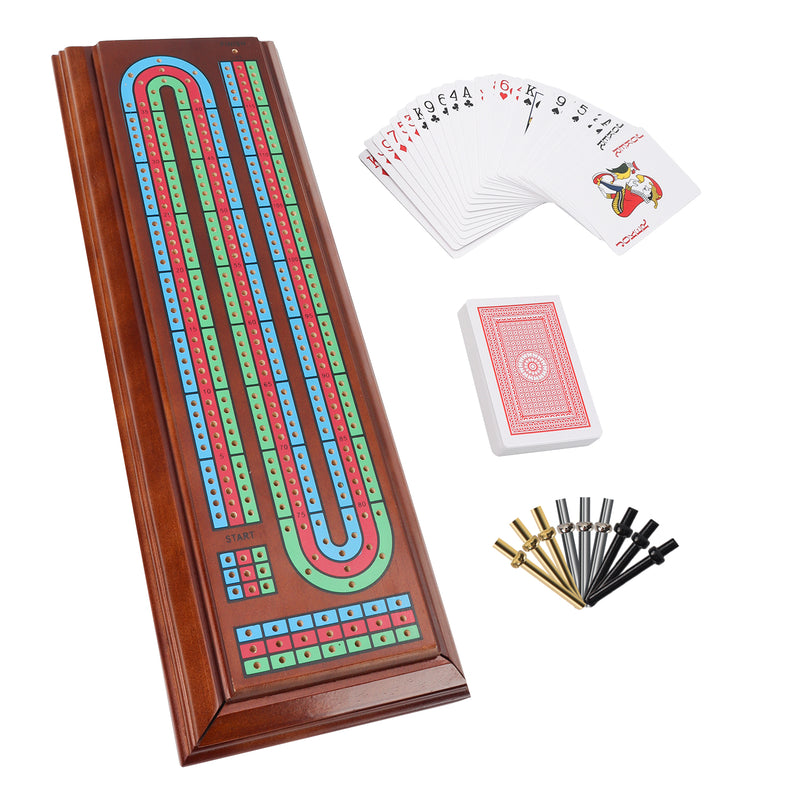 3-Track Multi-Color Wooden Cribbage Board Game with 2 Deck Playing Cards, 9 Metal Pegs and Drawer