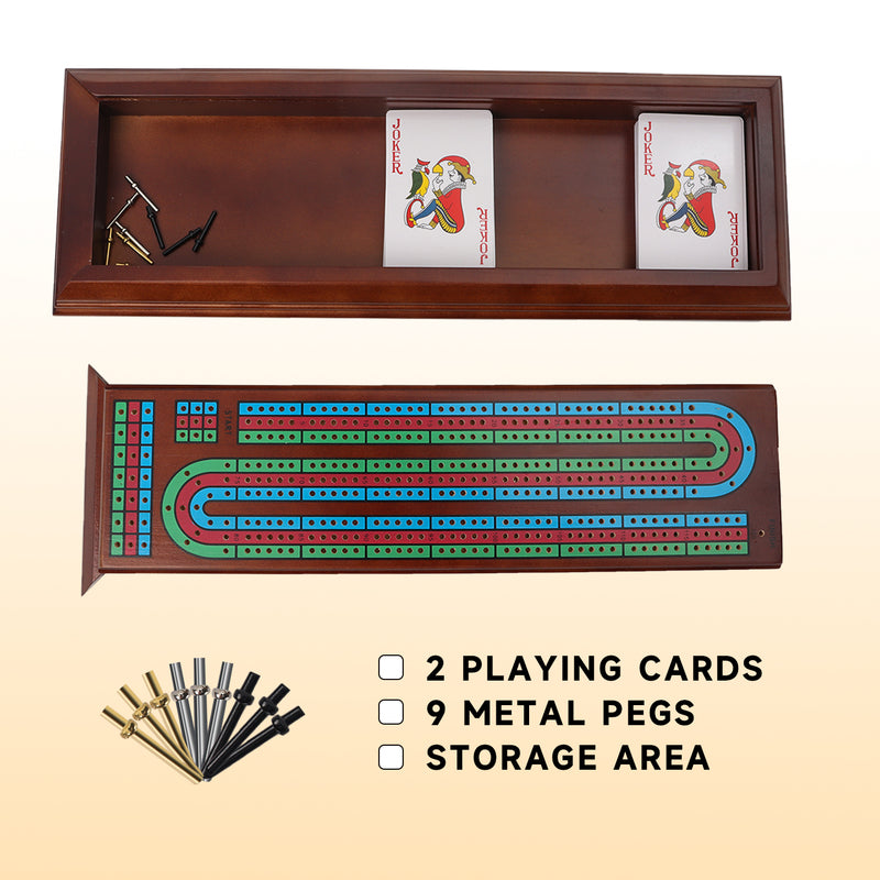 3-Track Wooden Cribbage Board Game with Playing Cards, Metal Pegs and Drawer