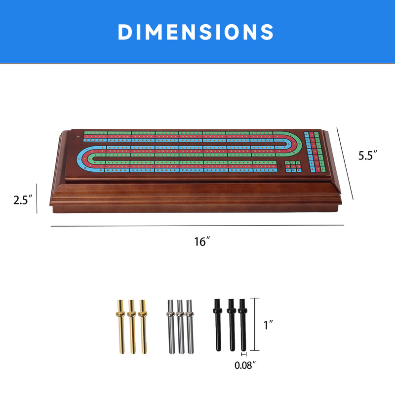 3-Track Multi-Color Wooden Cribbage Board Game with 2 Deck Playing Cards, 9 Metal Pegs and Drawer