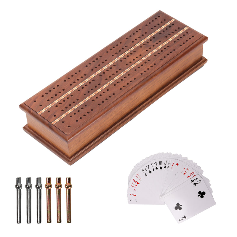 2-Track Wooden Cribbage Board Game with Metal Pegs and Playing Card for Friends and Family Play
