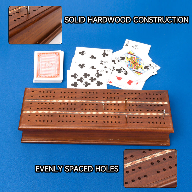 2-Track Wooden Cribbage Board Game with Metal Pegs and Playing Card for Friends and Family Play