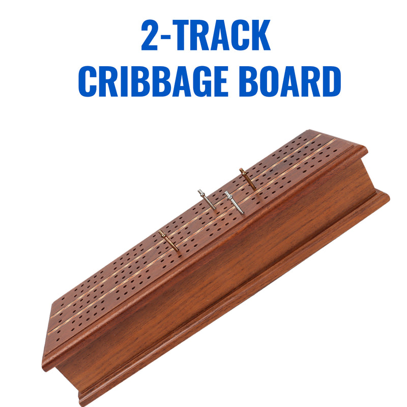 2-Track Wooden Cribbage Board Game with Metal Pegs and Playing Card