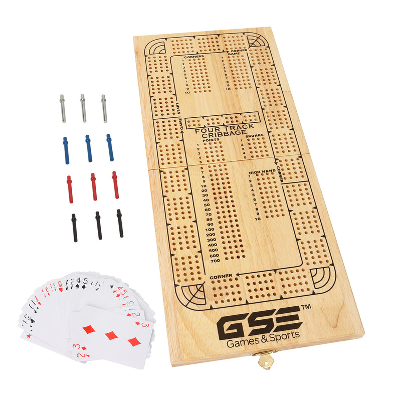 4-Track Wooden Folding Cribbage Board Game Set with Metal Pegs and Playing Card