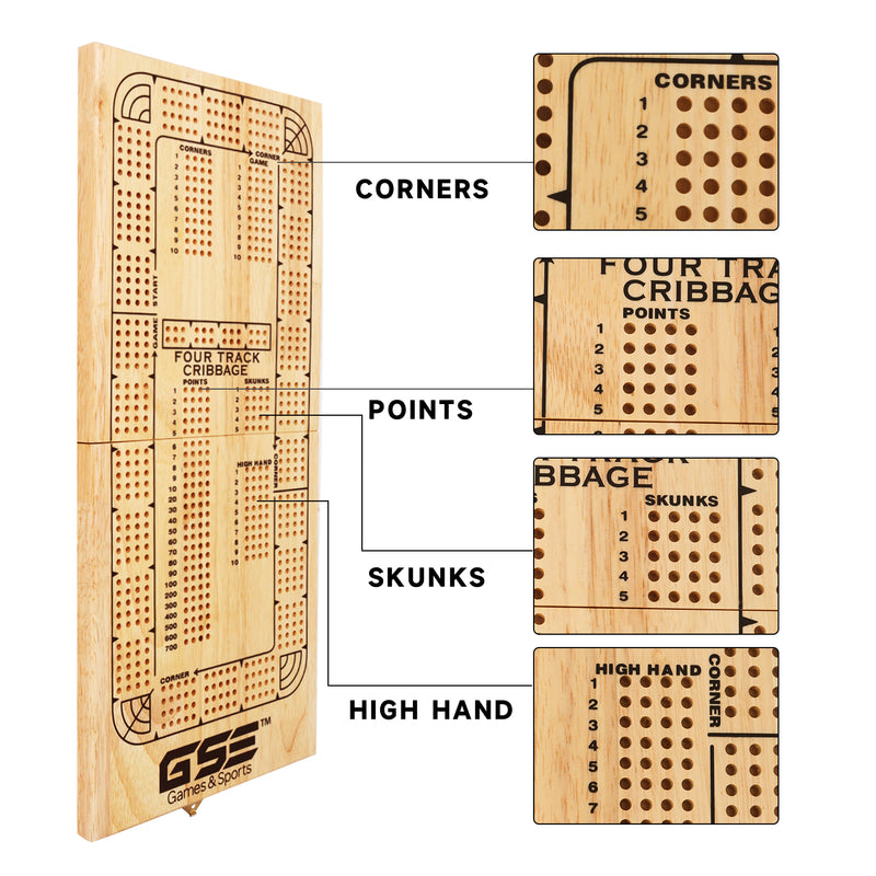 4-Track Wooden Folding Cribbage Board Game Set with Metal Pegs and Playing Card