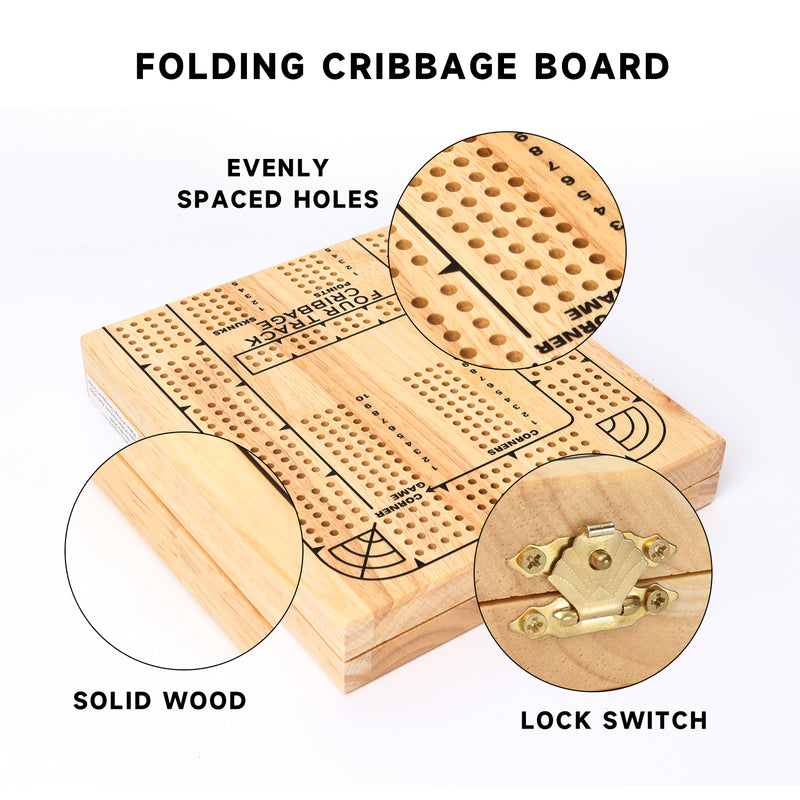 4-Track Wooden Folding Cribbage Board Game Set with Metal Pegs and Deck Playing Card