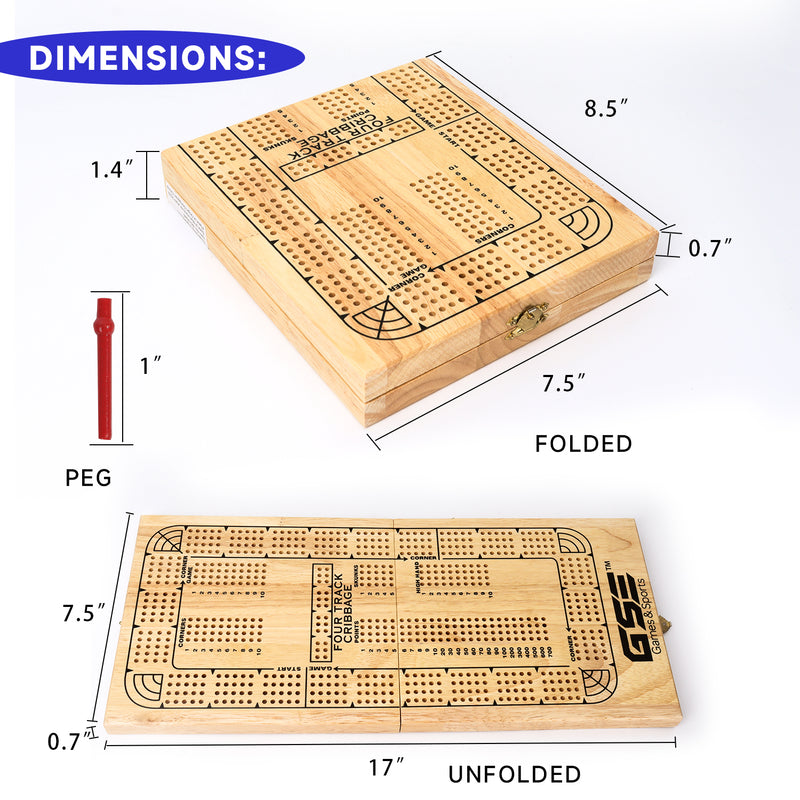 4-Track Wooden Folding Cribbage Board Game Set with Metal Pegs and Playing Card