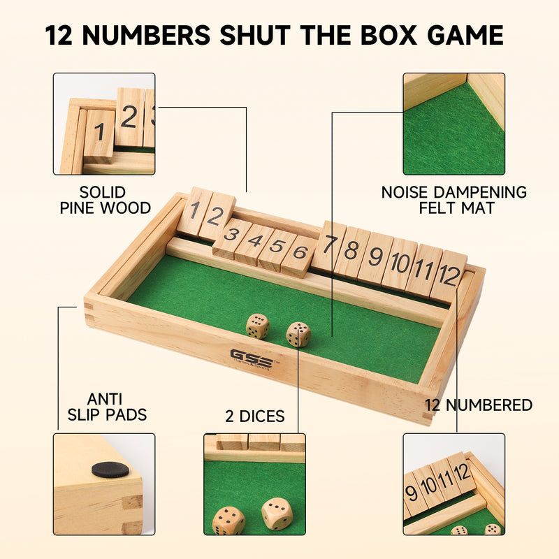 12 Numbers Dice Wooden Shut The Box Board Game Popular Pub Game with Dices Perfect for Kid and Adult