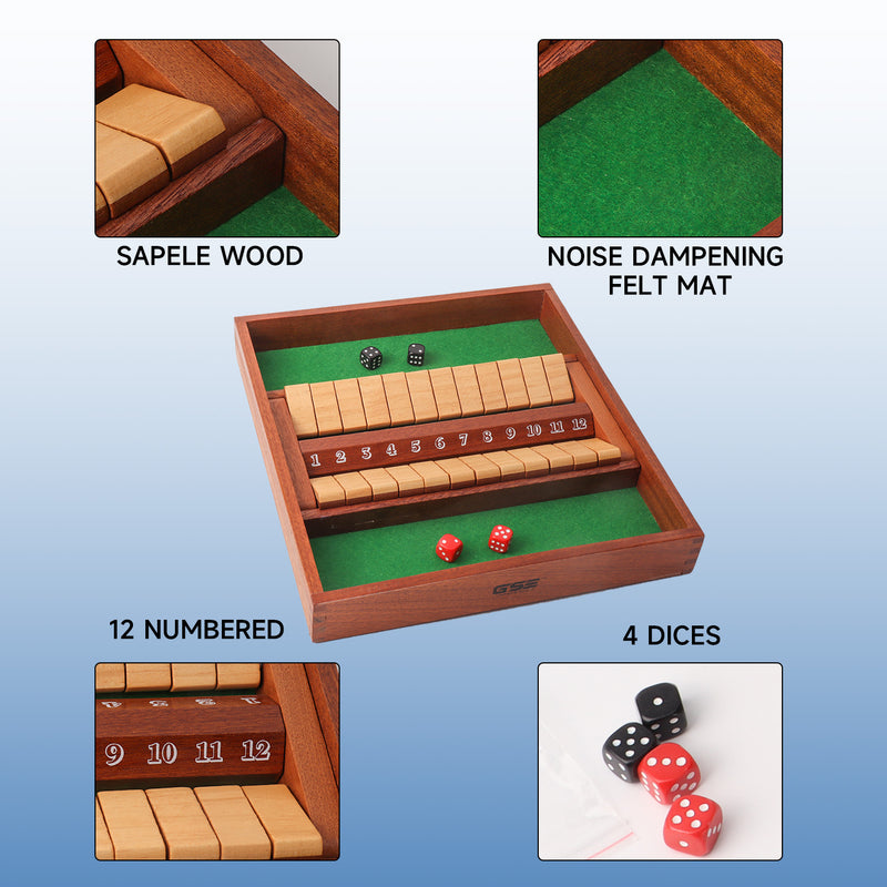 2-Player 12 Numbers Wooden Shut The Box Board Game, Pub Board Dice Game