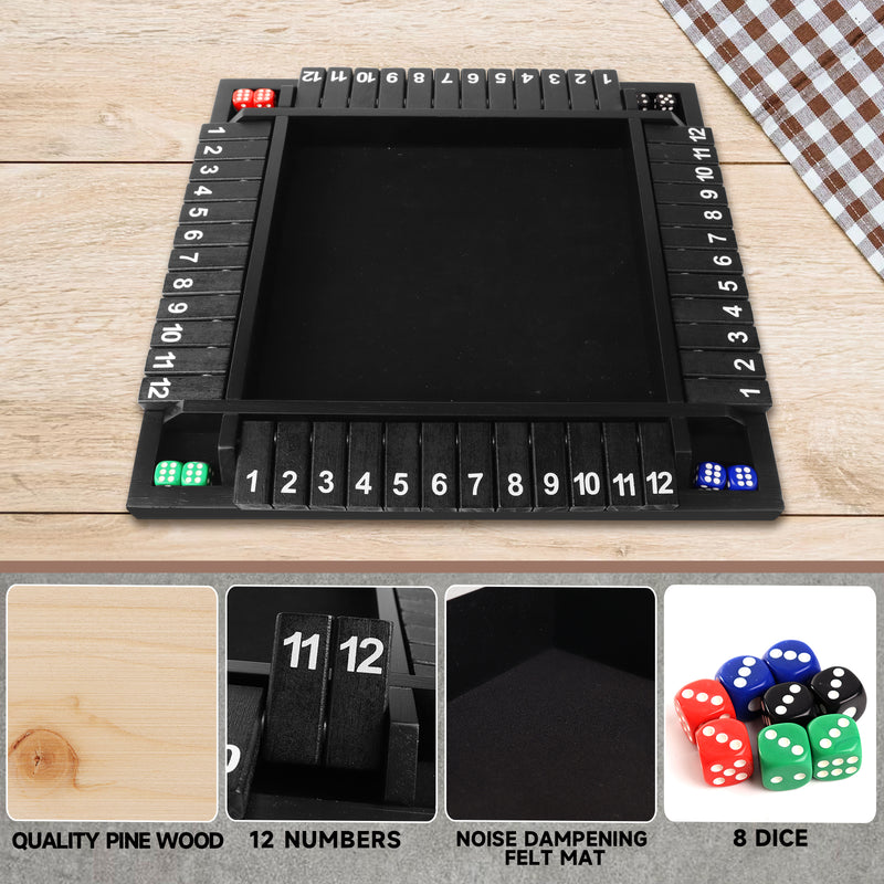 4-Player 12 Numbers Wooden Shut The Box Dice Board Game - Black