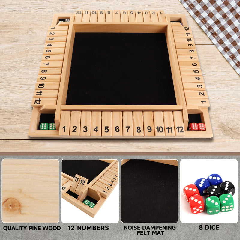 4-Player 12 Numbers Wooden Shut The Box Dice Board Game - Natural Wood