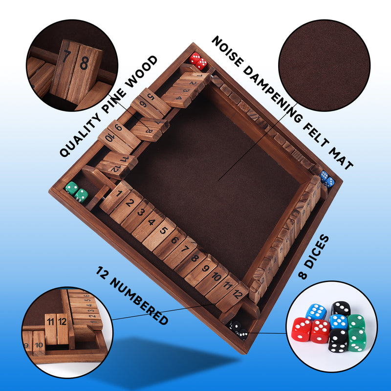 4-Player Wooden Shut The Box Dice Board Game with 8 Dices Classic Tabletop Version of Popular English Pub Game  (10/12 Numbered)