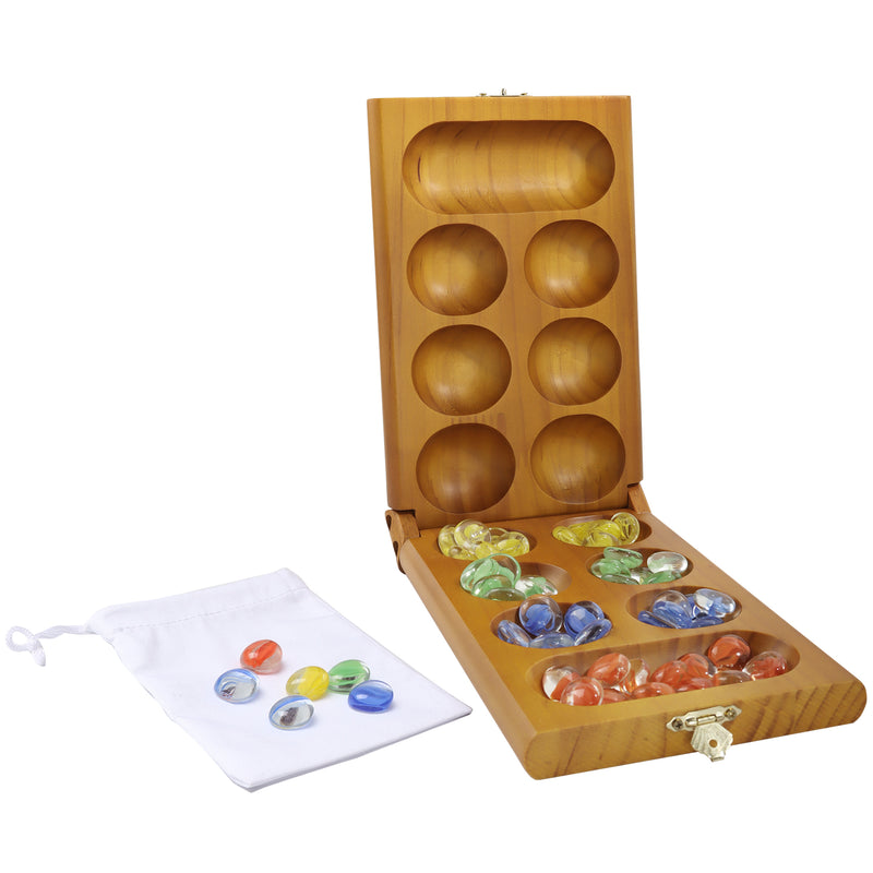 Folding Mancala Pine Wood Board Game Family Travel Set with Multi-Color Glass Stones - Oak/Mahogany
